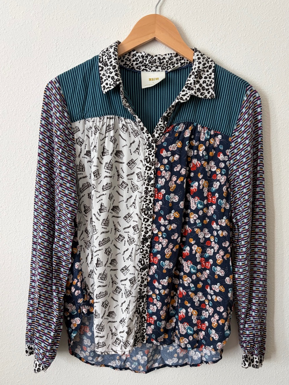 Anthropologie Maeve Mixed Print Patchwork Button Down Blouse Size M